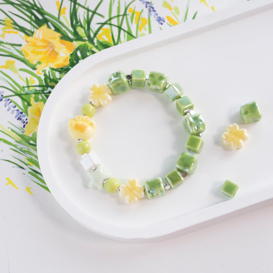 Leaf Green Bracelet with Yellow Cat Paw Bead