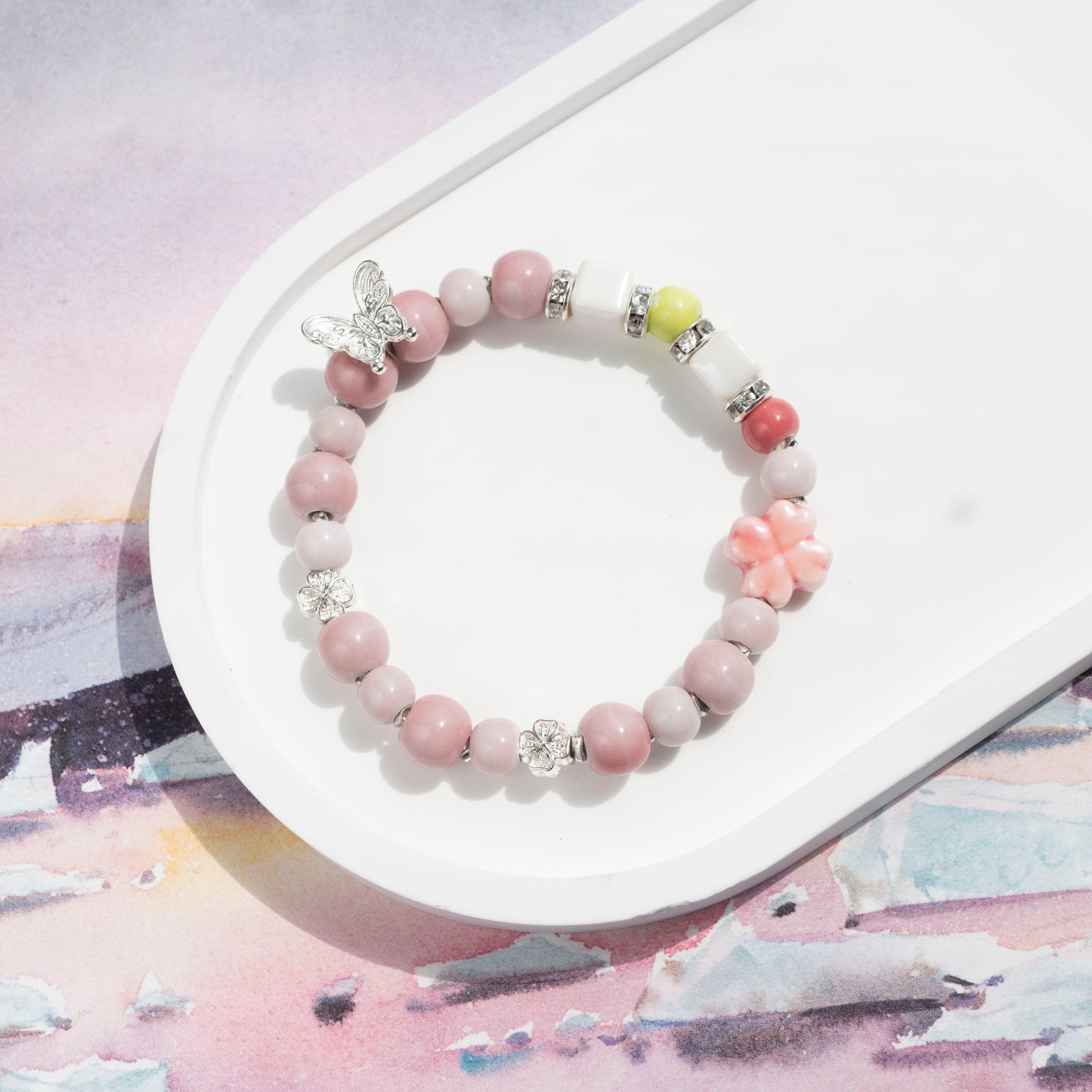 Blush Pink Bracelet with Clover and Butterfly Charm