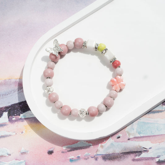 Blush Pink Bracelet with Clover and Butterfly Charm